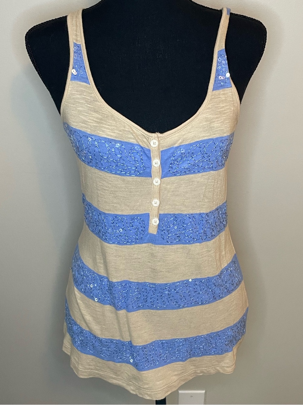 Old Navy Beaded Beige and Blue Lace-Striped Tank Top